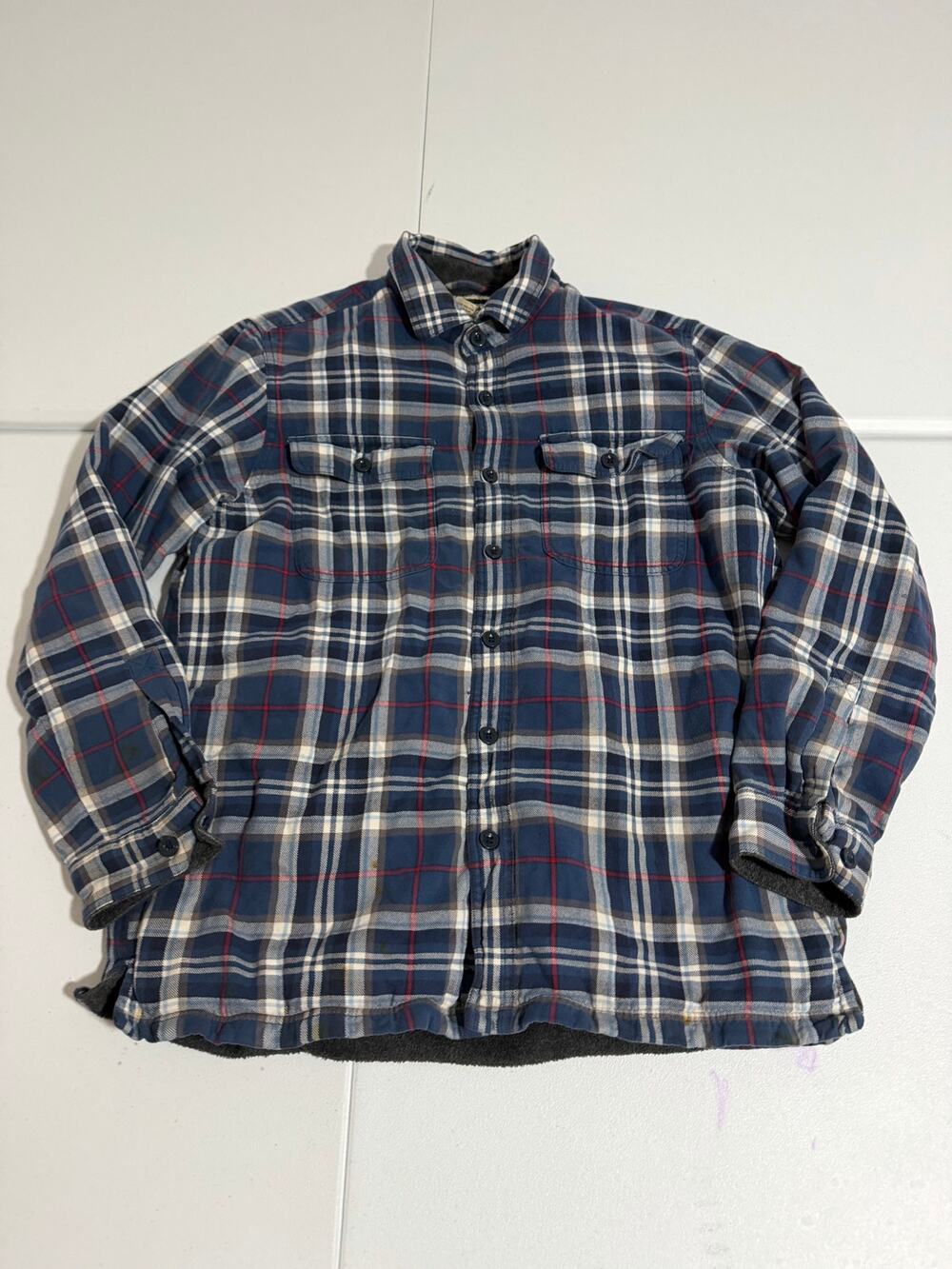 L.L.Bean Fleece Lined Flannel Shirt Jacket Men’s Medium Navy Plaid Traditional